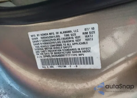 2010 Honda Odyssey Lx из США, поврежденный, VIN 5FNRL3H26AB097777